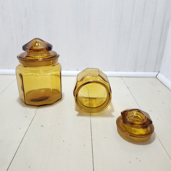 Vtg LE Smith 10 Panel Amber Glass Apothecary Lid Jar 5.25 & 7.25 Canister Set 2‎ - Picture 7 of 12